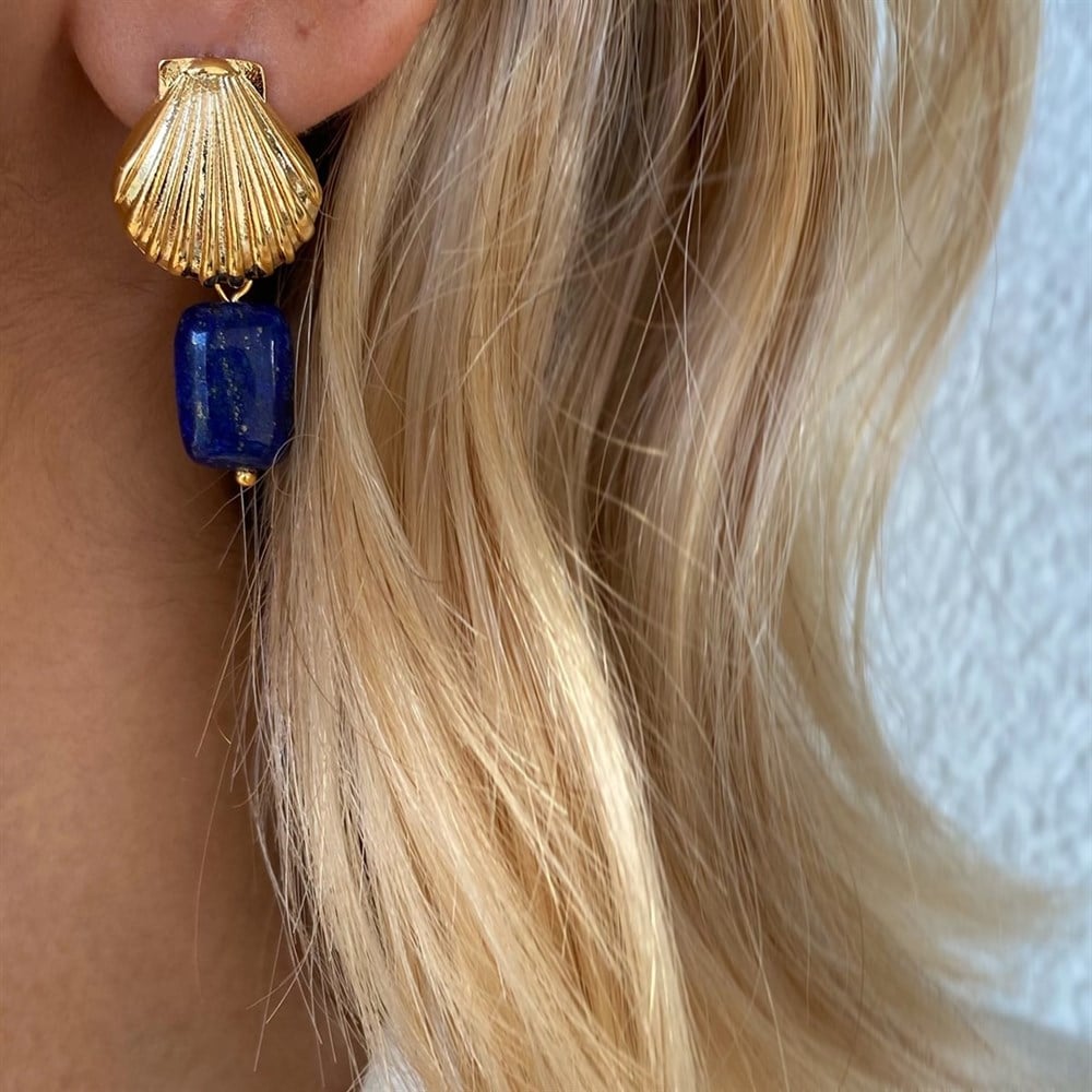 Tasarım Zirkon Taşlı Shell Lapis Lazuli Taşlı Küpe(Çift olarak gönderilir)