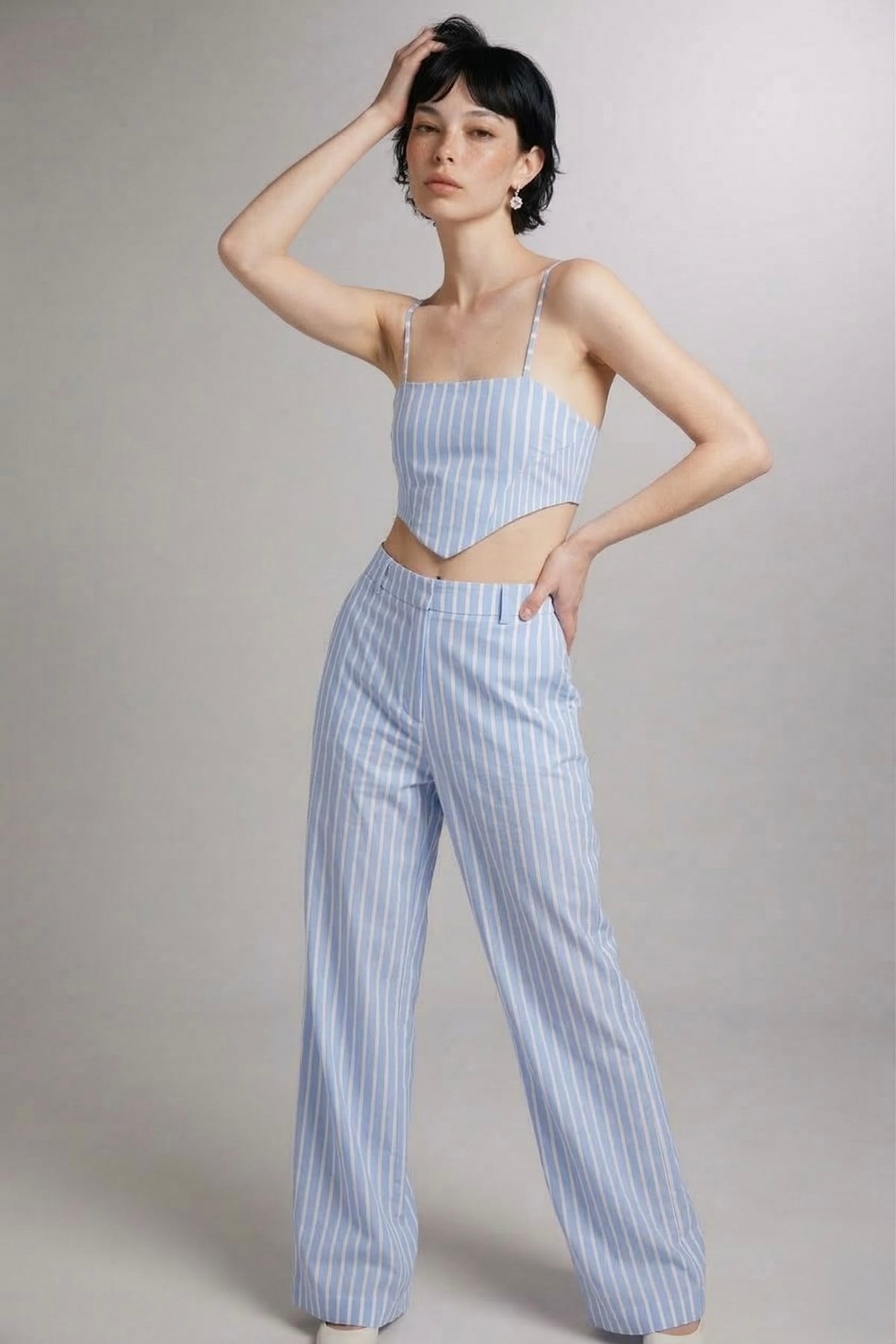 Askılı Çizgili Harmony Poplin Büstiyer Mavi
