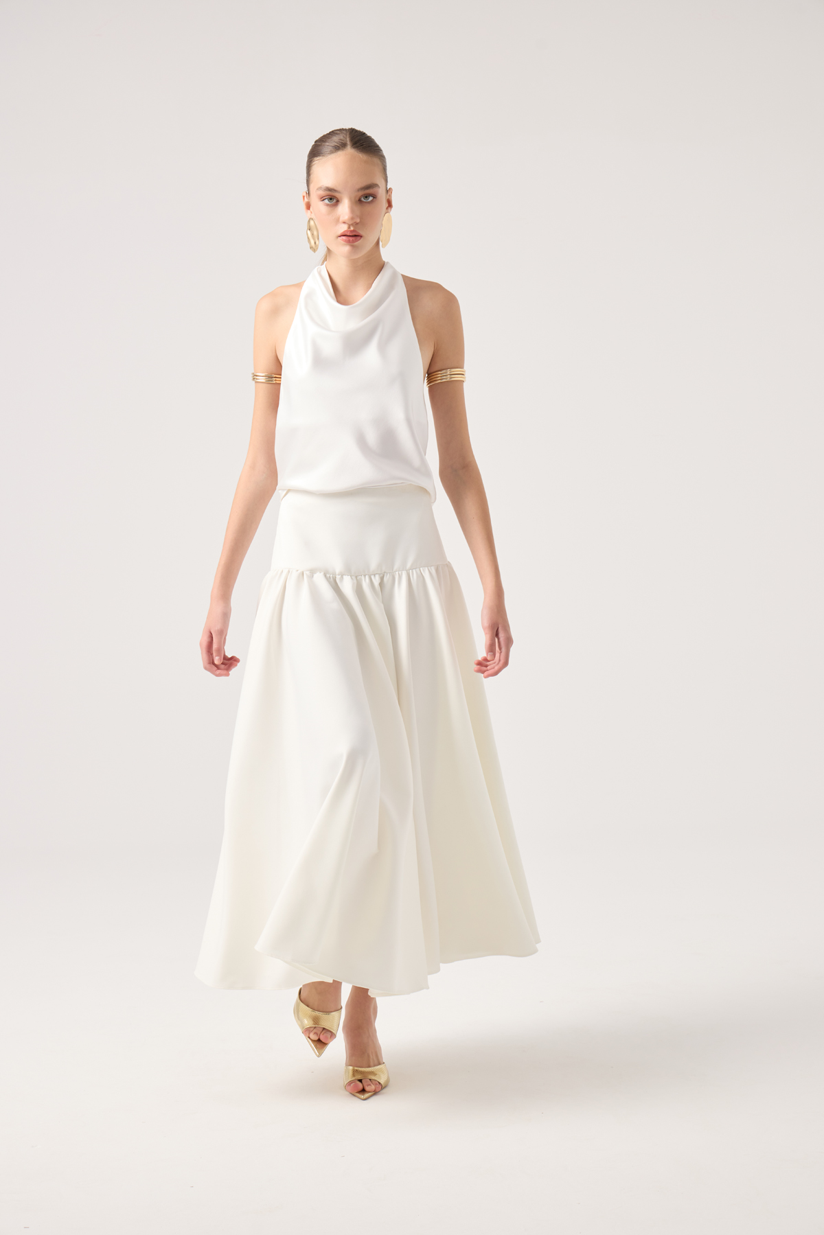 Fermuarlı Uzun Elenor Etek Beyaz