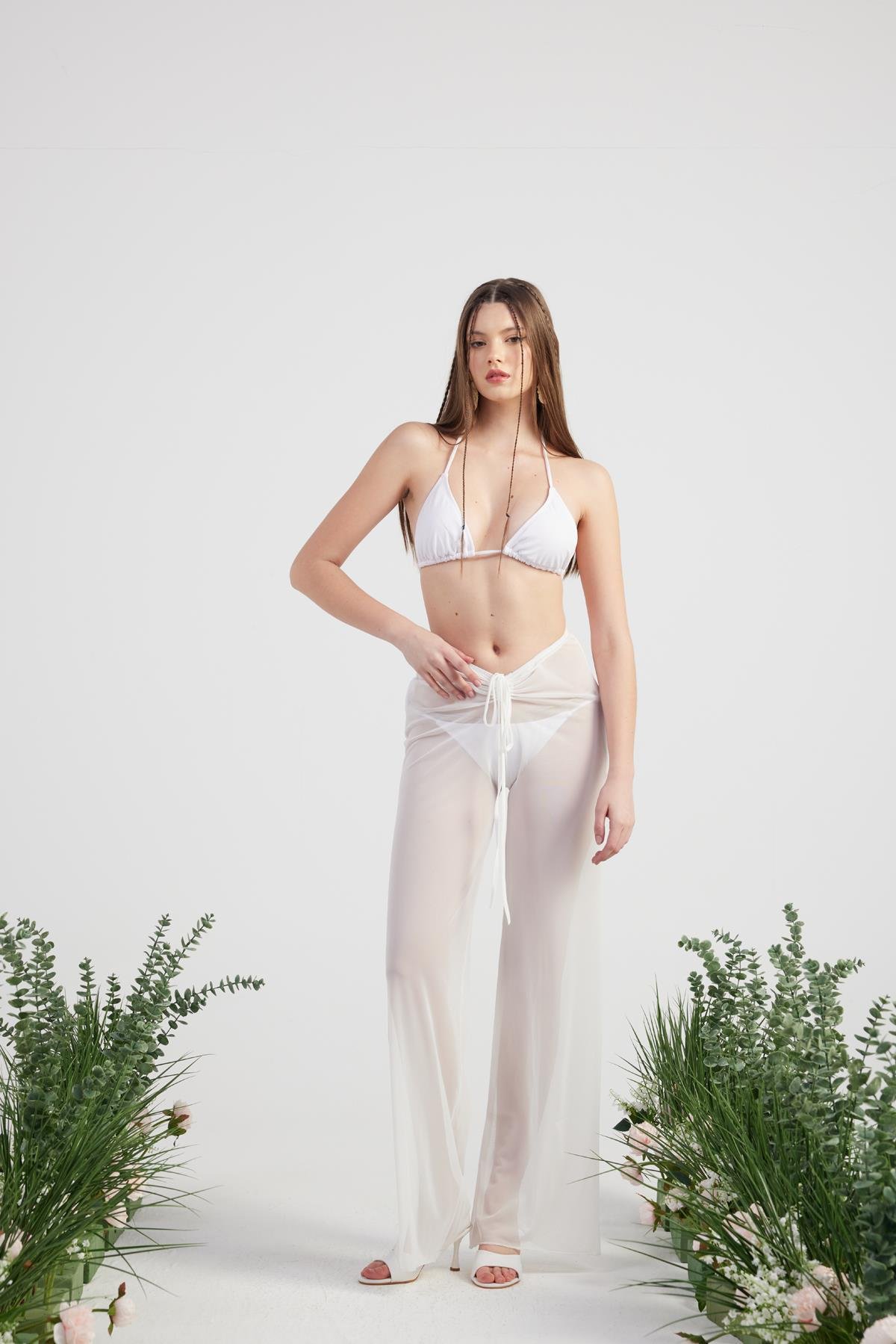 Shirred Pareo Pantolon Beyaz