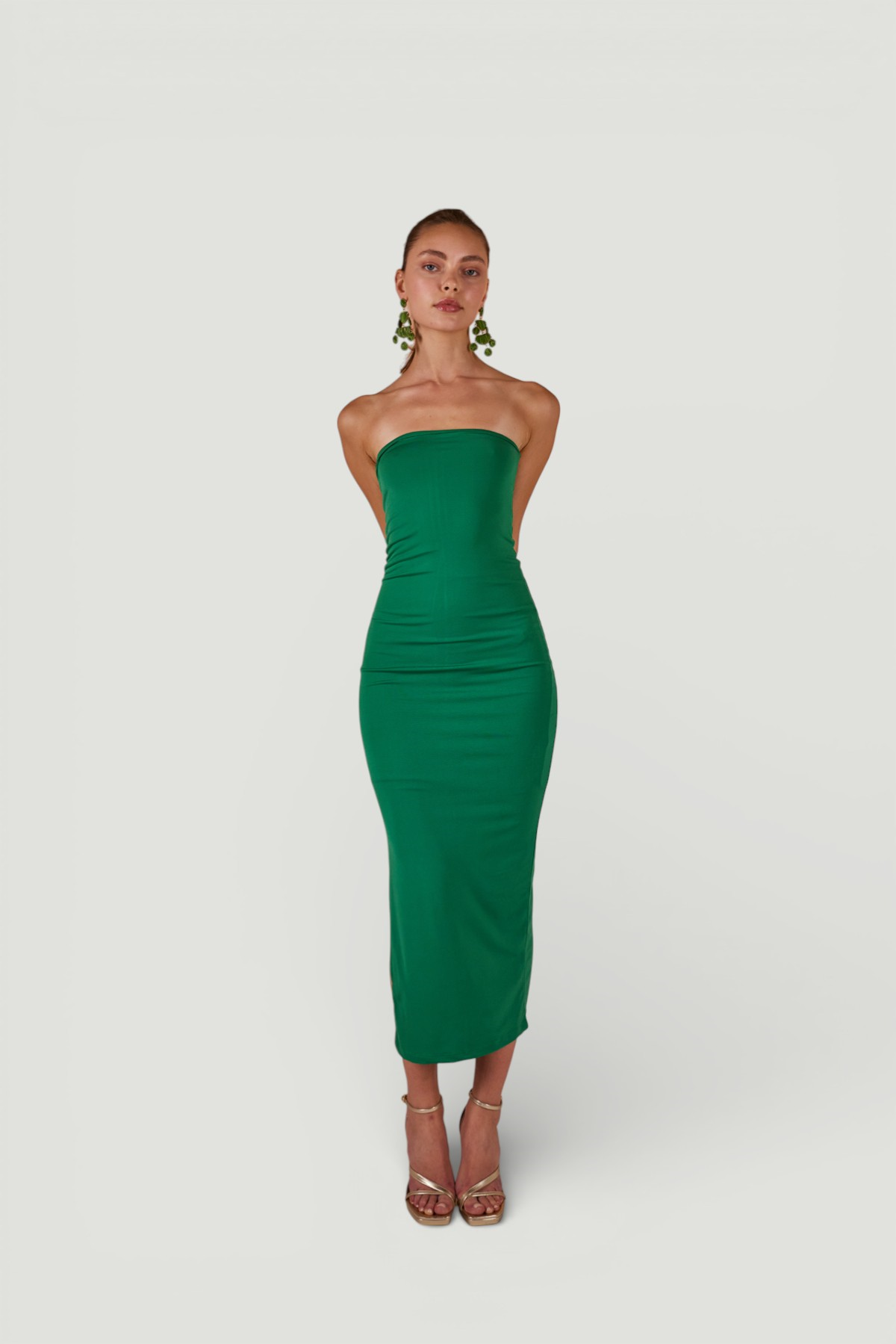 Yırtmaçlı Straplez Midi Bodycon Elbise Yeşil