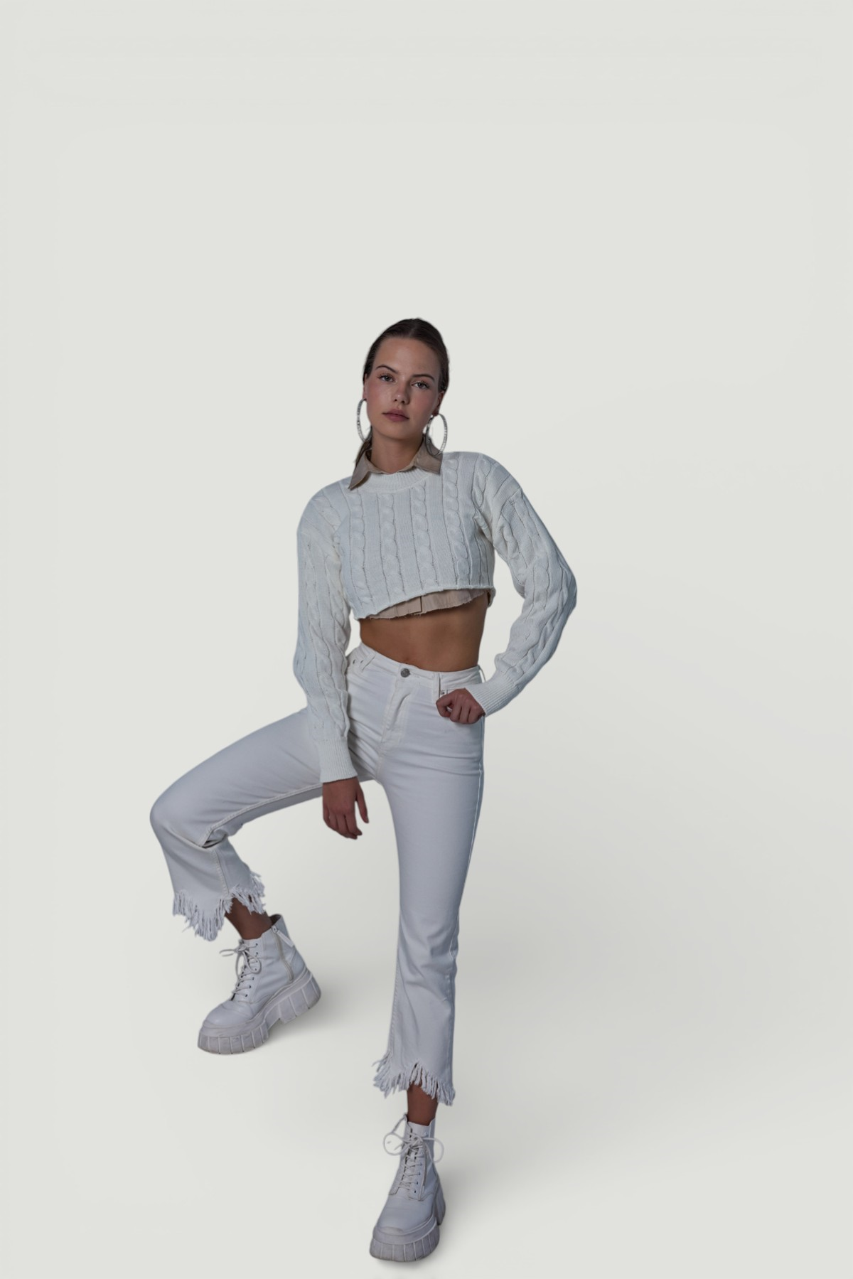 Crop Model Bisiklet Yaka Örgü Merit Kazak Ekru