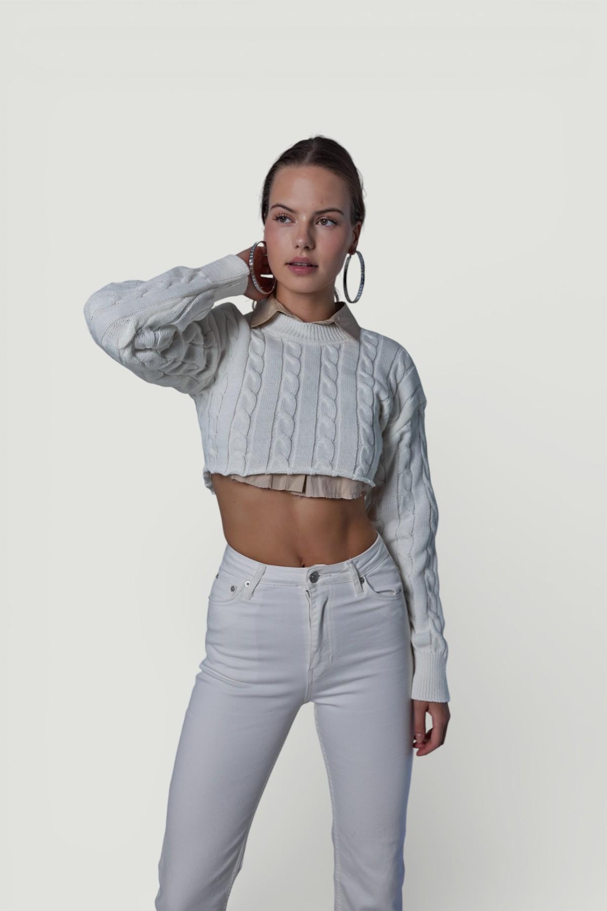 Crop Model Bisiklet Yaka Örgü Merit Kazak Ekru