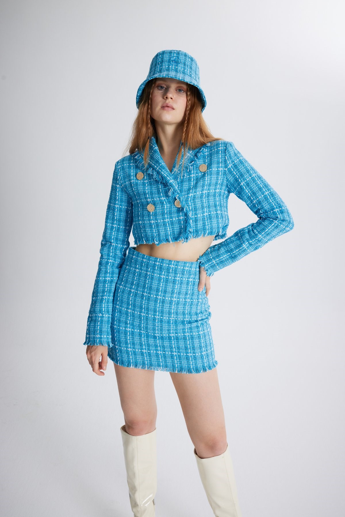 Tüvit Kumaş Logolu Bucket Tweed Şapka Mavi