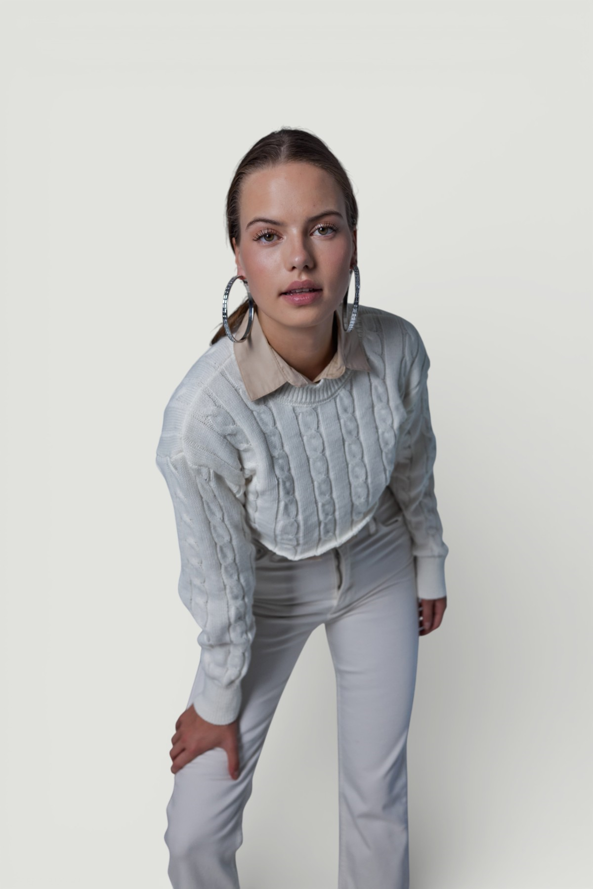 Crop Model Bisiklet Yaka Örgü Merit Kazak Ekru