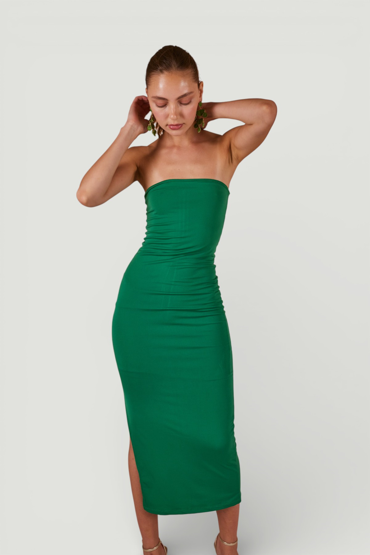Yırtmaçlı Straplez Midi Bodycon Elbise Yeşil