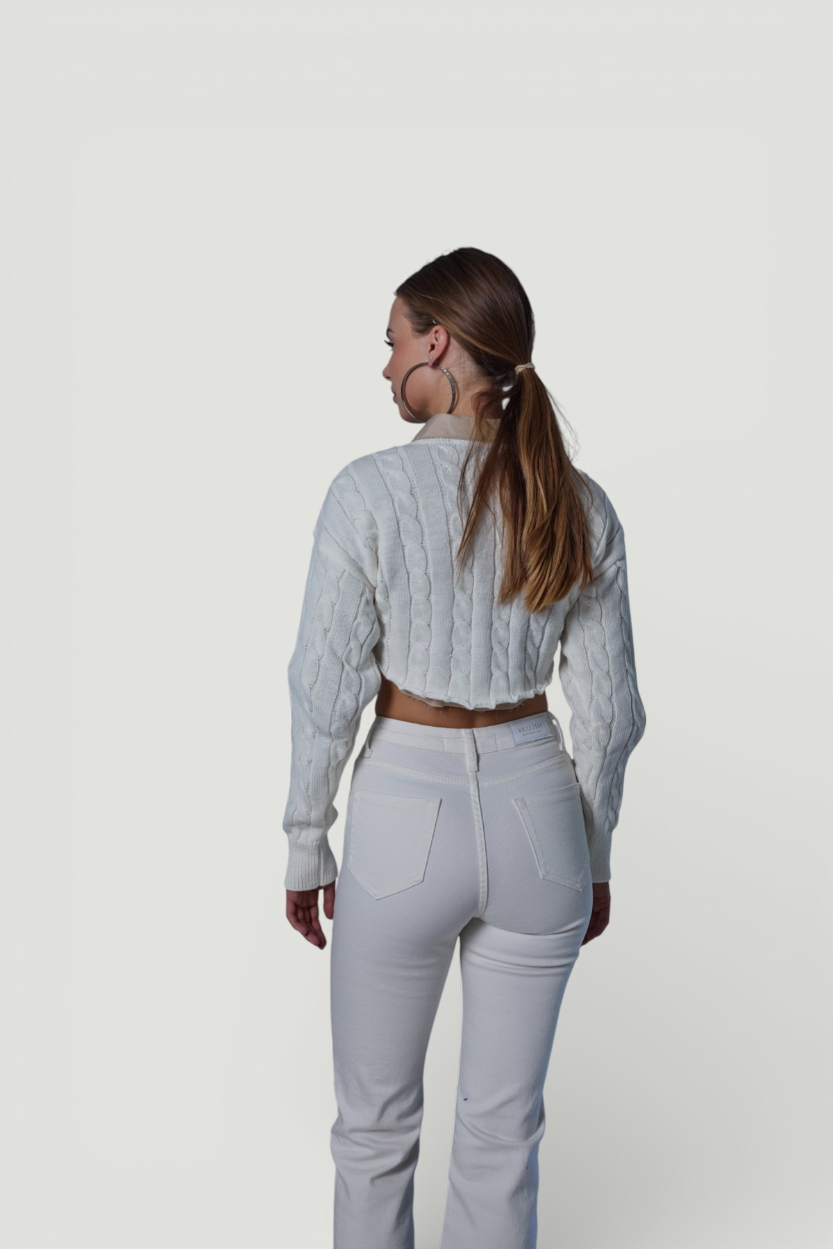 Crop Model Bisiklet Yaka Örgü Merit Kazak Ekru