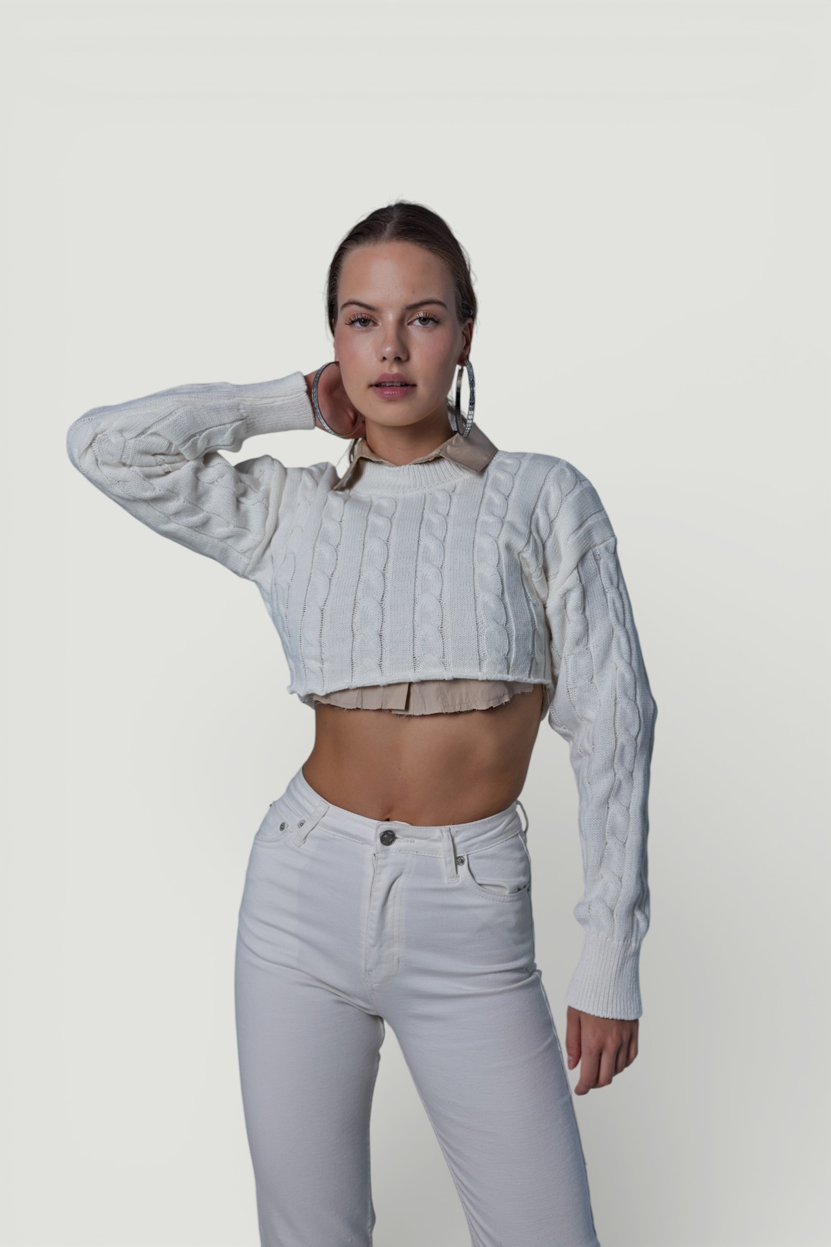 Crop Model Bisiklet Yaka Örgü Merit Kazak Ekru