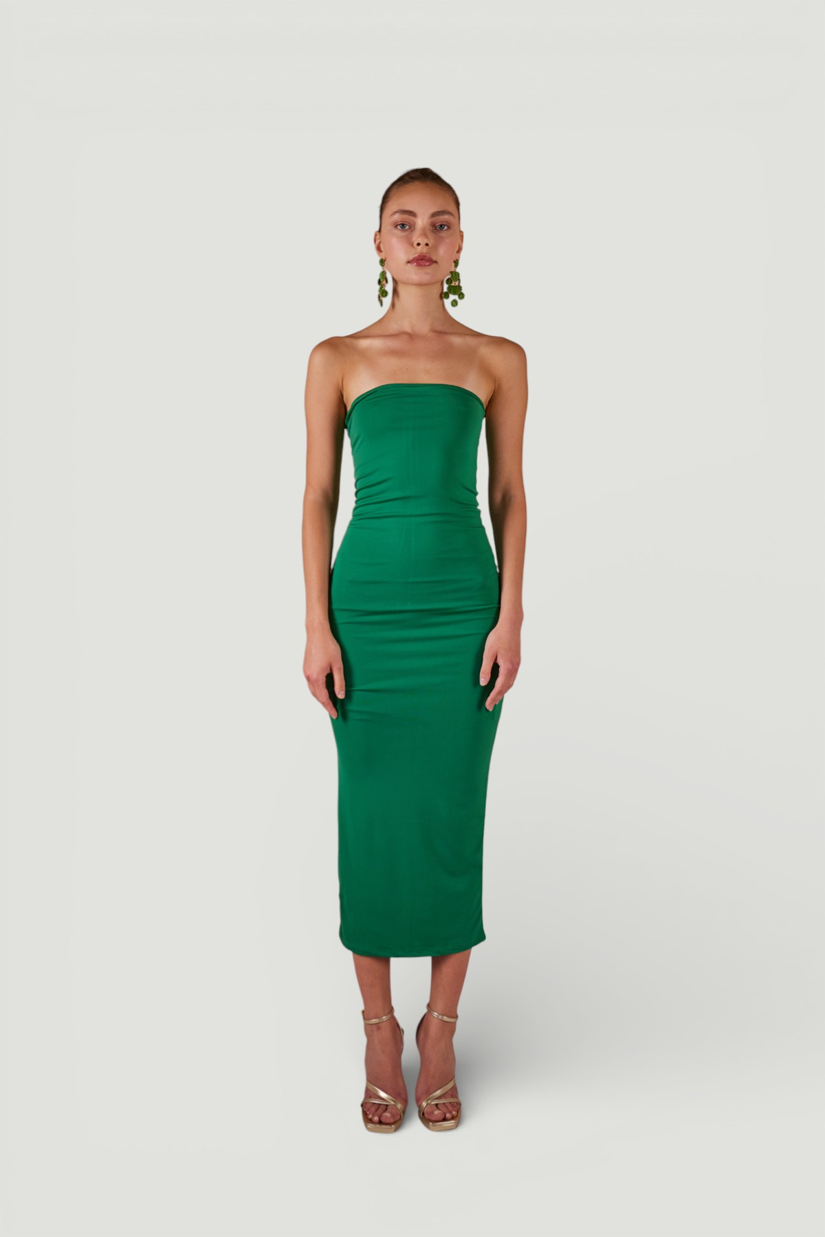 Yırtmaçlı Straplez Midi Bodycon Elbise Yeşil