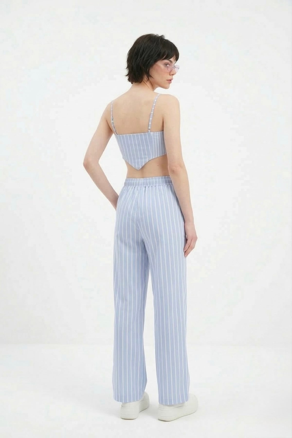 Beli Lastikli Çizgili Harmony Poplin Pantolon Mavi