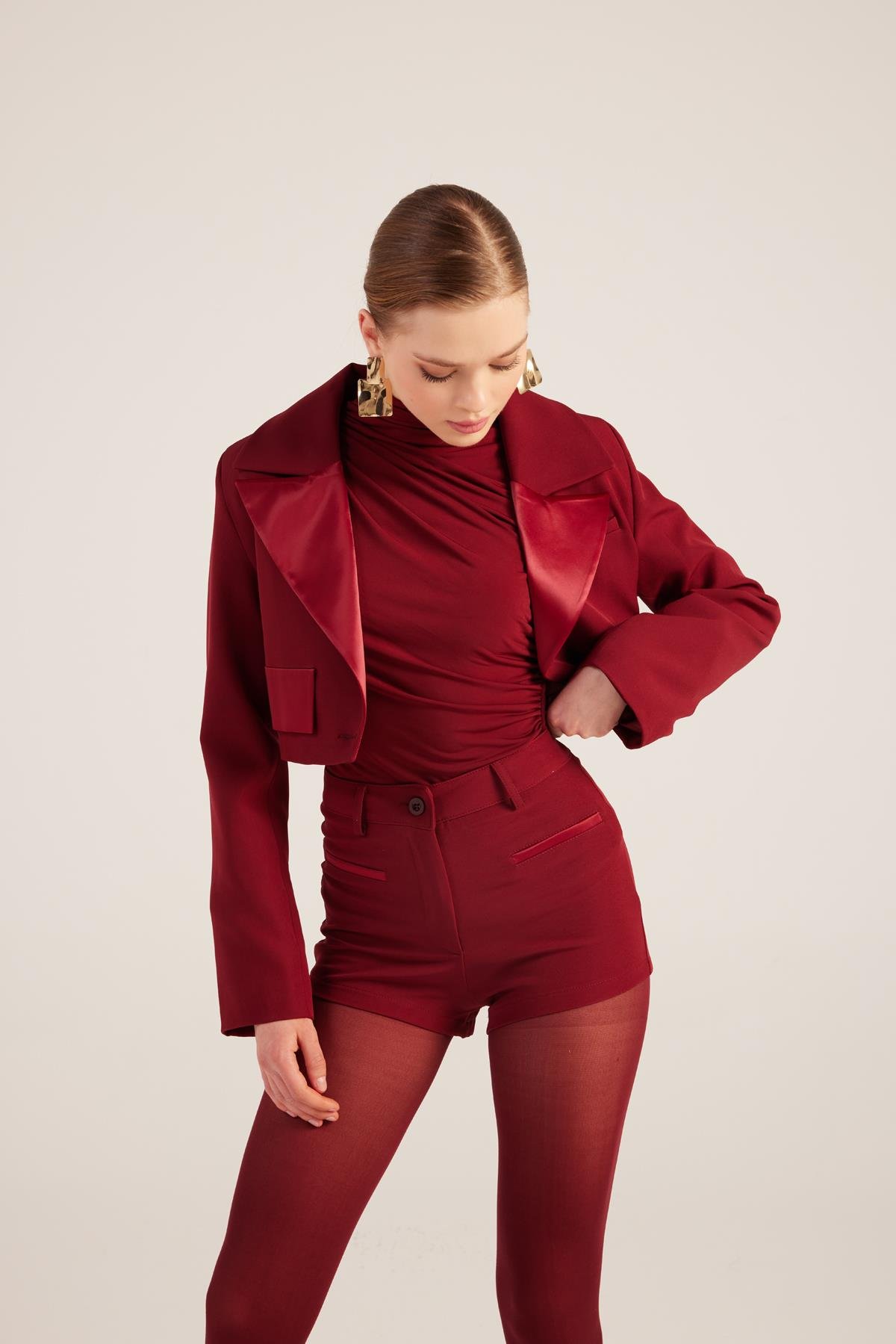 Camila Crop Blazer Ceket Bordo