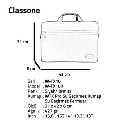  Classone W-TX10K Serisi WTXpro Su Geçirmez Kumaş, Su Geçirmez Fermuar W-TX10K 15.6 inch Uyumlu Macbook, Notebook, Laptop, Tablet Taşıma Çantası-Siyah/Kırmızı