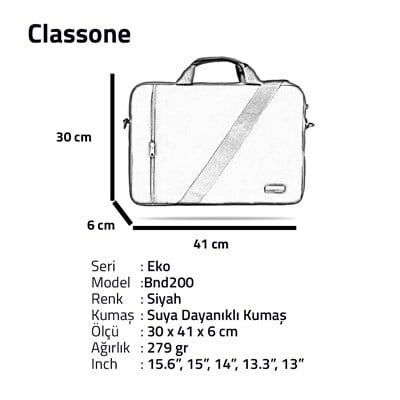 Classone BND200 Eko1 Serisi -15.6 inch Uyumlu Notebook Çantası Siyah