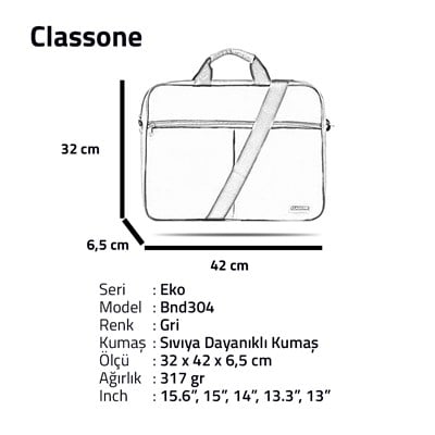 Classone BND304 Eko2 Serisi  Laptop Notebook Çantası-15.6 inch Uyumlu-Gri