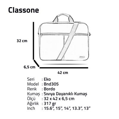 Classone BND305 Eko2 Serisi WTXpro Su Geçirmez Kumaş Notebook El Çantası-15.6 inch Uyumlu -Bordo