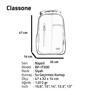 Classone BP-IT500 Napoli Serisi Sırt Çantası 15.6 
