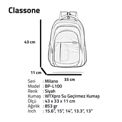 Classone BP-L100 Milano Serisi Large Sırt Çantası - Siyah