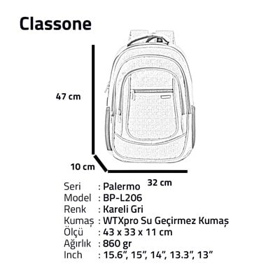 Classone BP-L206 Palermo Serisi WTXpro Su Geçirmez Kumaş 15,6 inch Sırt Çantası – Kareli Gri