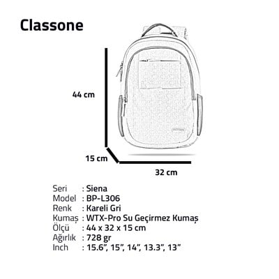Classone BP-L306 Siena Serisi WTXpro Su Geçirmez Kumaş 15,6 inch Sırt Çantası – Kareli Gri