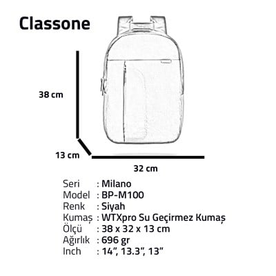 Classone BP-M100 Milano Serisi Medium Sırt Çantası - Siyah