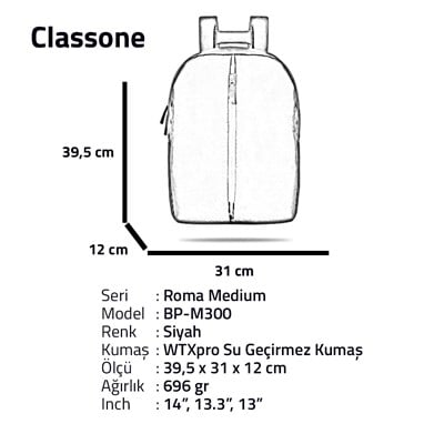 Classone BP-M300 Roma Medium Serisi 15,6 inch Sırt Çantası - Siyah