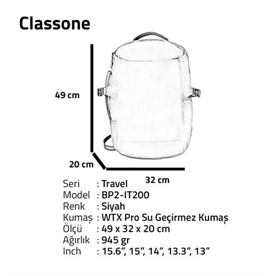 Classone BP2-IT200 Travel Serisi Seyahat ve Gaming Sırt Çantası 15 inch-Siyah