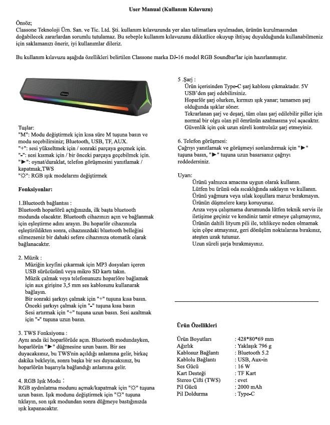 Classone DJ-16 RGB Işıklı, Bluetooth, Kablosuz Soundbar,Hoparlör