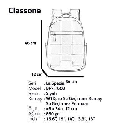 Classone La Spezia Serisi 15.6 inch WTXpro Su Geçirmeaz kumaş, Su Geçirmez Fermuar, Laptop Sırt Çantası –Siyah
