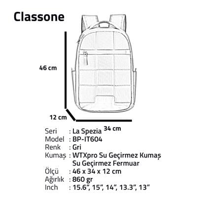 Classone La Spezia Serisi 15.6 inch WTXpro Su Geçirmeaz kumaş, Su Geçirmez Fermuar, Laptop Sırt Çantası –Gri