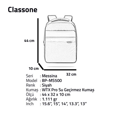 Classone Messina 15.6 inch Sırt Çantası -Siyah