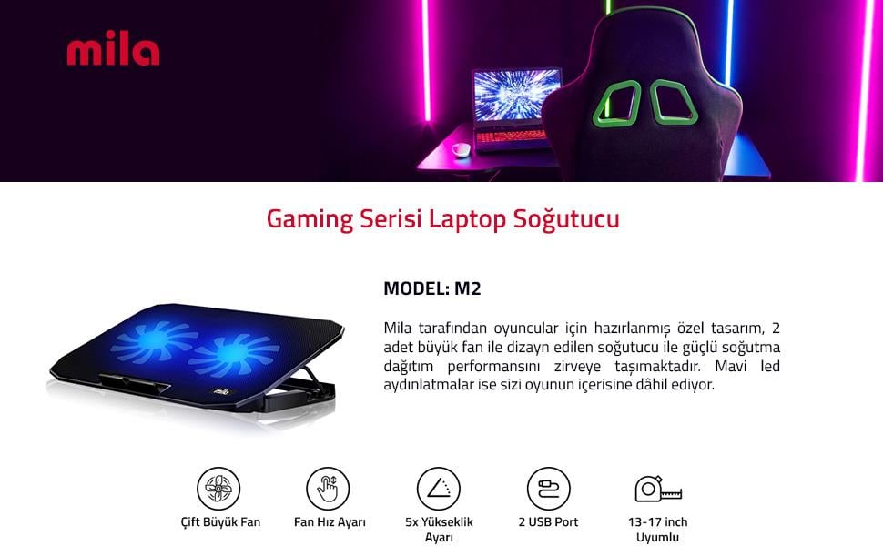 Classone Mila Serisi – M2 – 13-17 inch – Mavi Led,2 Fan,2 USB Gaming Notebook Soğutucu Standı