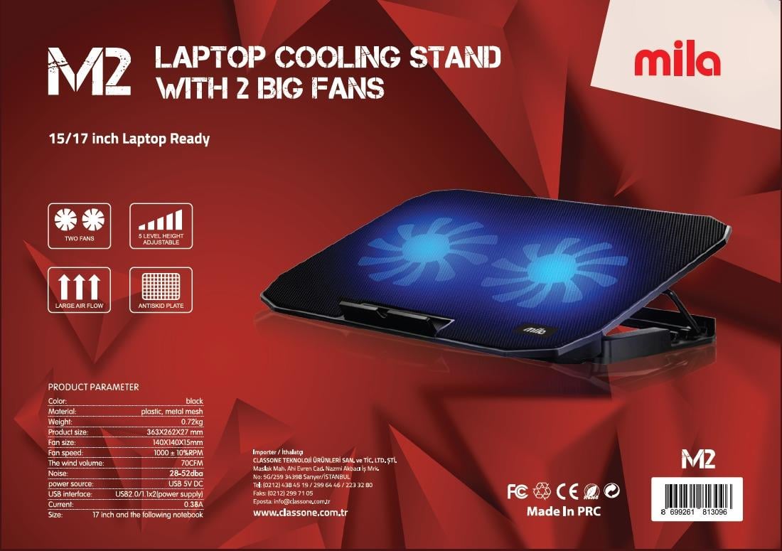 Classone Mila Serisi – M2 – 13-17 inch – Mavi Led,2 Fan,2 USB Gaming Notebook Soğutucu Standı