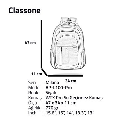 Classone Milano Serisi BP-L100-Pro 15.6 inch WTXpro Su Geçirmez Kumaş, Su Geçirmez Fermuar Sırt Çantası – Siyah