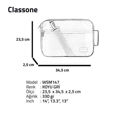 Classone Monza VIP Serisi,13-14 inch Uyumlu WSM147 WTXpro Su Geçirmez Kumaş, Su Geçirmez Fermuar Macbook,Macbook Air Laptop , Notebook Çantası- Koyu Gri