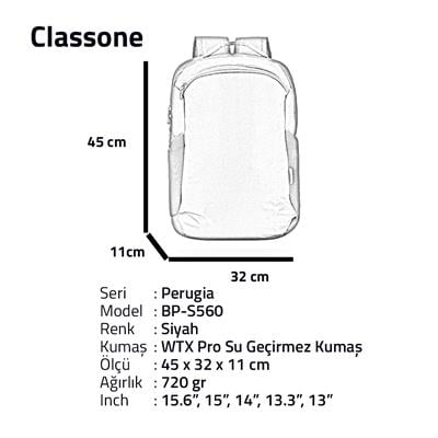 Classone Perugia  Serisi BP-S560 WTXpro Su Geçirmez Kumaş 15.6 inch WTXpro Notebook Sırt Çantası –Siyah