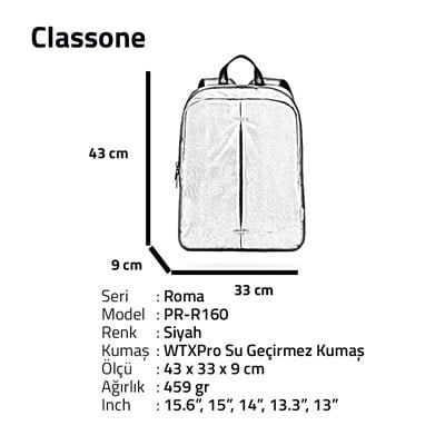Classone PR-R160 WTXpro Su Geçirmez Kumaş Roma Large Serisi Notebook 15,6 inch Sırt Çantası / Siyah