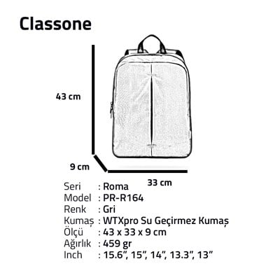 Classone PR-R164 Roma Large Serisi Notebook 15,6 inch Sırt Çantası / Gri