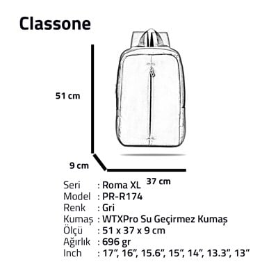 Classone PR-R174 Roma XL Serisi WTXpro Su Geçirmez Kumaş Notebook 14 inch Sırt Çantası / Gri