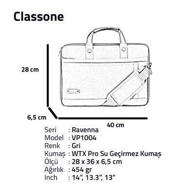 Classone Ravenna Serisi 14 inch  El Çantası-Gri