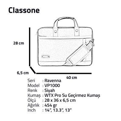 Classone Ravenna Serisi 14 inch  El Çantası-Siyah