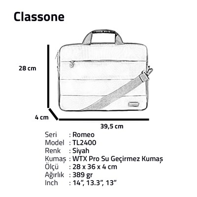 Classone Romeo Serisi TL2400 13-14 inch uyumlu Laptop Çantası  -Siyah