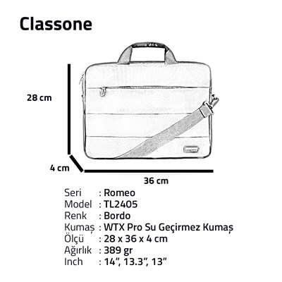 Classone Romeo Serisi TL2405 13-14 inch uyumlu Laptop Çantası  -Bordo