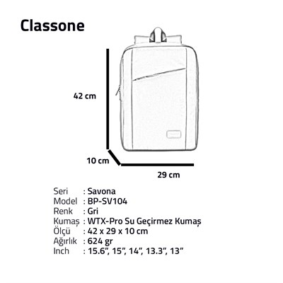 Classone Savona Serisi, BP-S104 WTXpro Su geçirmez Kumaş ,15.6 Sırt Notebook Çantası-Gri