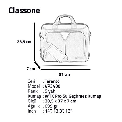 Classone Taranto Serisi 14 inch Su Geçirmez Kumaş Laptop El Çantası -Siyah