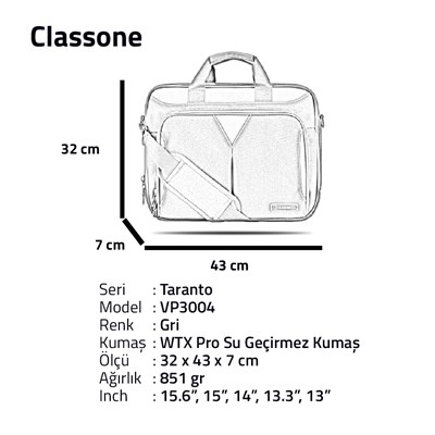 Classone Taranto Serisi 15.6 inch Su Geçirmez Kumaş Laptop El Çantası -Gri