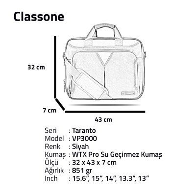 Classone Taranto Serisi 15.6 inch Su Geçirmez Kumaş Laptop El Çantası -Siyah