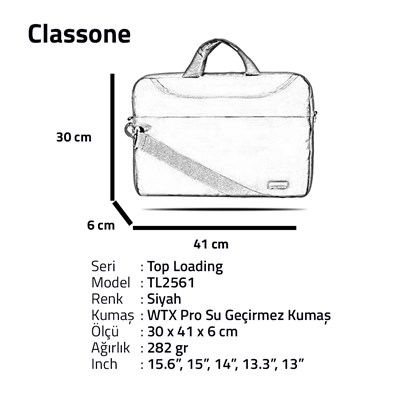 Classone TL2561 Toploading Serisi -15.6 inch Uyumlu Notebook El Çantası- Siyah
