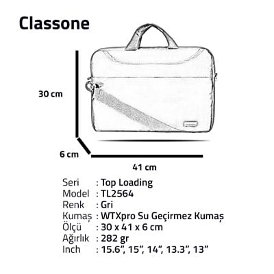 Classone TL2564 Toploading Serisi -15.6 inch Uyumlu Notebook El Çantası-Gri