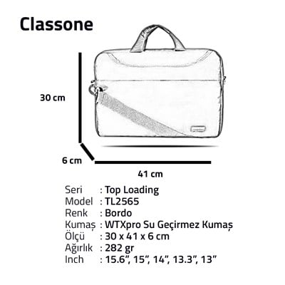 Classone TL2565 Top Loading Large Serisi WTXpro Su Geçirmez Kumaş 15,6 inch Notebook El Çantası – Bordo