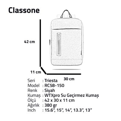 Classone Triesta Serisi RC58-150 15.6 inch Uyumlu Macbook, Laptop , Notebook Sırt Çantası- Siyah